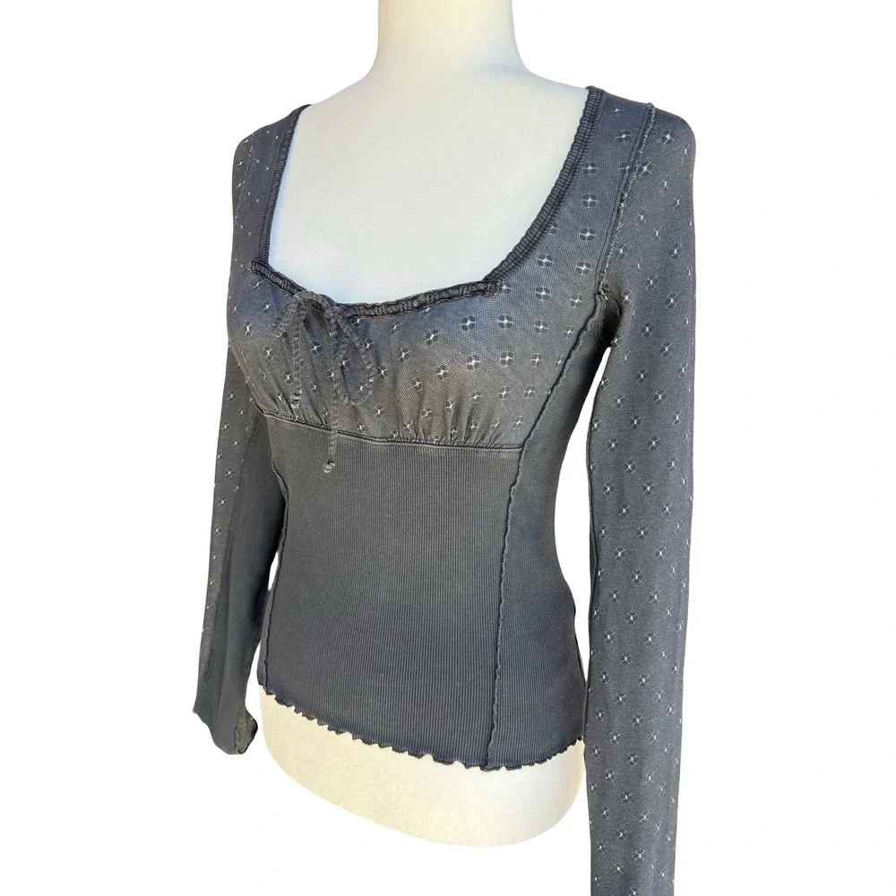 We The Free x Free People $68 Love Lane Ribbed Tie-Front Long Sleeve S Boho Top